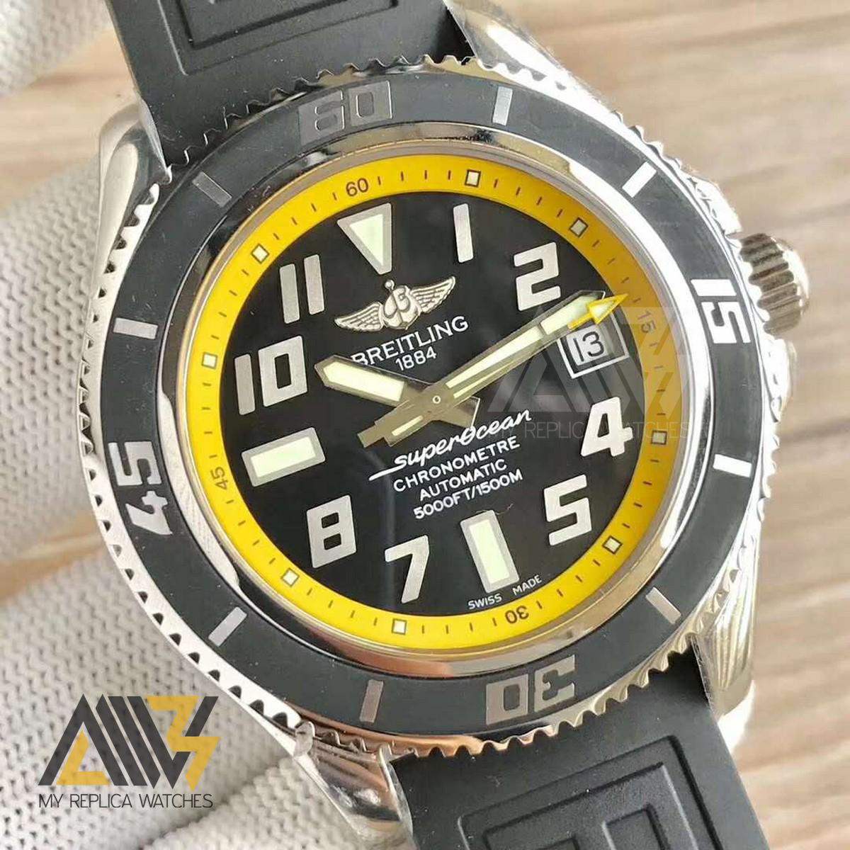 Superocean Chronometre Abyss A1736402 Stainless Steel Case GM 1:1 Best Edition Black Dial Yellow Inner Bezel On Black Rubber A.2824